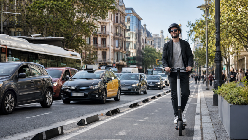 Persona circulando en patinete eléctrico por un carril urbano
